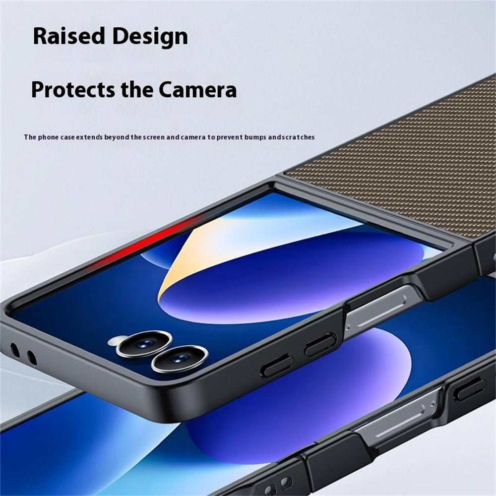 For Samsung Galaxy Z Flip7 5G Case Carbon Fiber Texture Leather + PC Anti-Drop Folding Phone Cover - Black