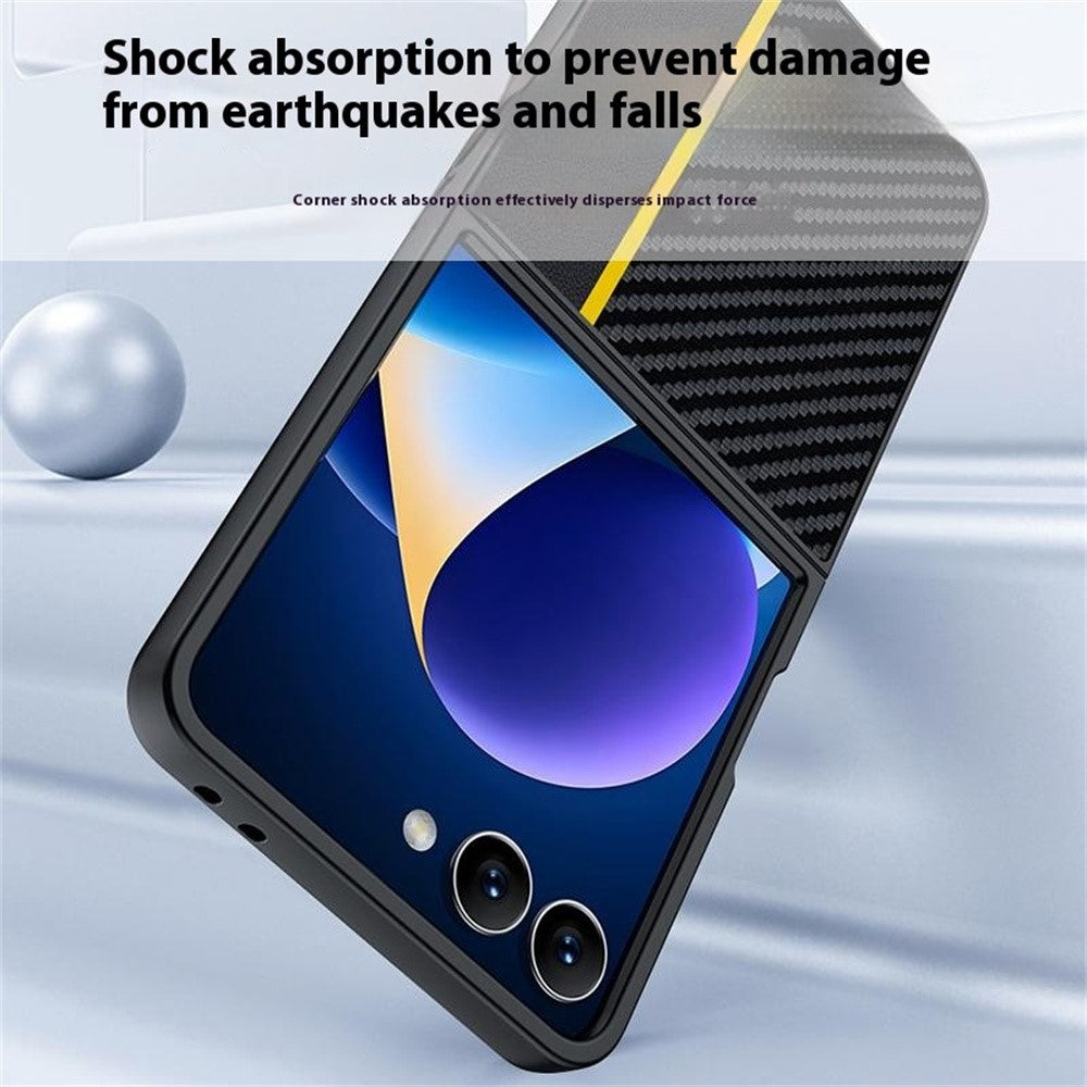 For Samsung Galaxy Z Flip7 5G Case Carbon Fiber Texture Leather + PC Anti-Drop Folding Phone Cover - Black / Yellow