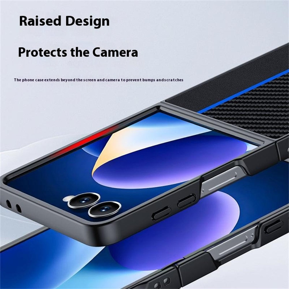 For Samsung Galaxy Z Flip7 5G Case Carbon Fiber Texture Leather + PC Anti-Drop Folding Phone Cover - Black / Yellow