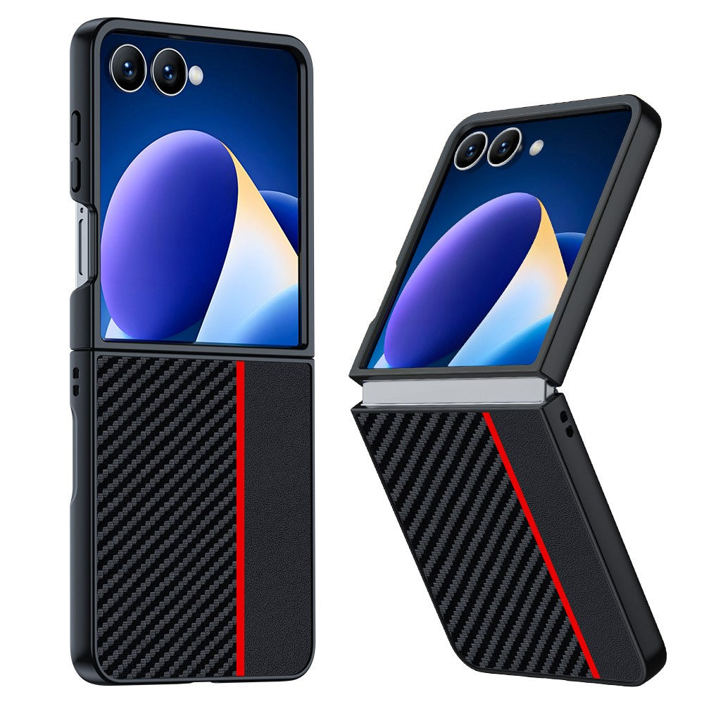 For Samsung Galaxy Z Flip7 5G Case Carbon Fiber Texture Leather + PC Anti-Drop Folding Phone Cover - Black / Red