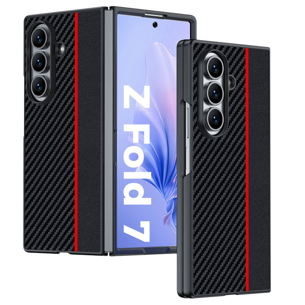 For Samsung Galaxy Z Fold7 5G Case Carbon Fiber Texture Leather + PC Anti-Drop Folding Phone Cover - Black / Red