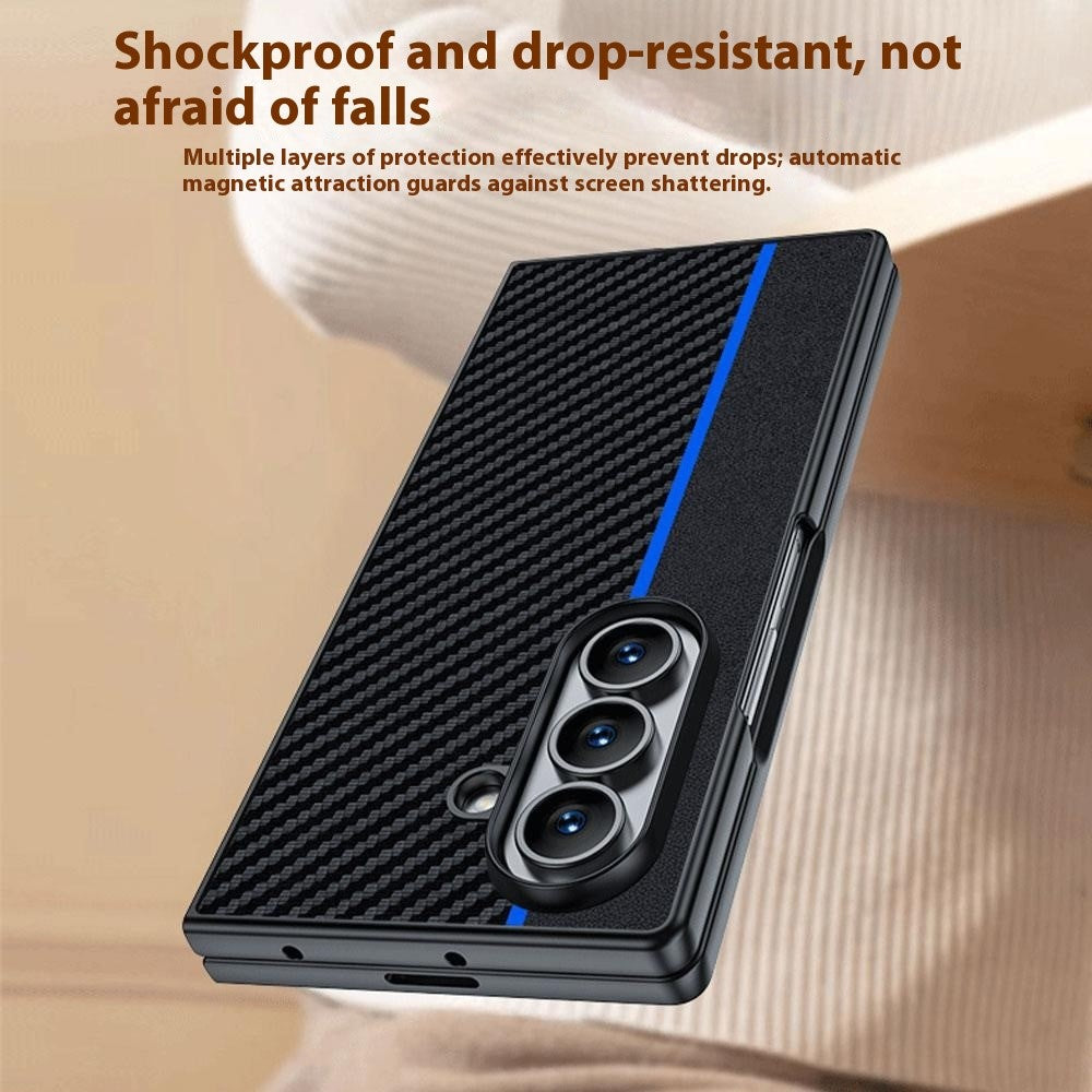 For Samsung Galaxy Z Fold7 5G Case Carbon Fiber Texture Leather + PC Anti-Drop Folding Phone Cover - Black / Yellow