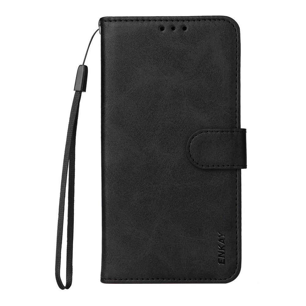 ENKAY HAT PRINCE For iPhone 17 Pro Max Wallet Case Calf Texture Leather Phone Stand Cover with Thick Adhesive Screen Film  /  Strap - Black