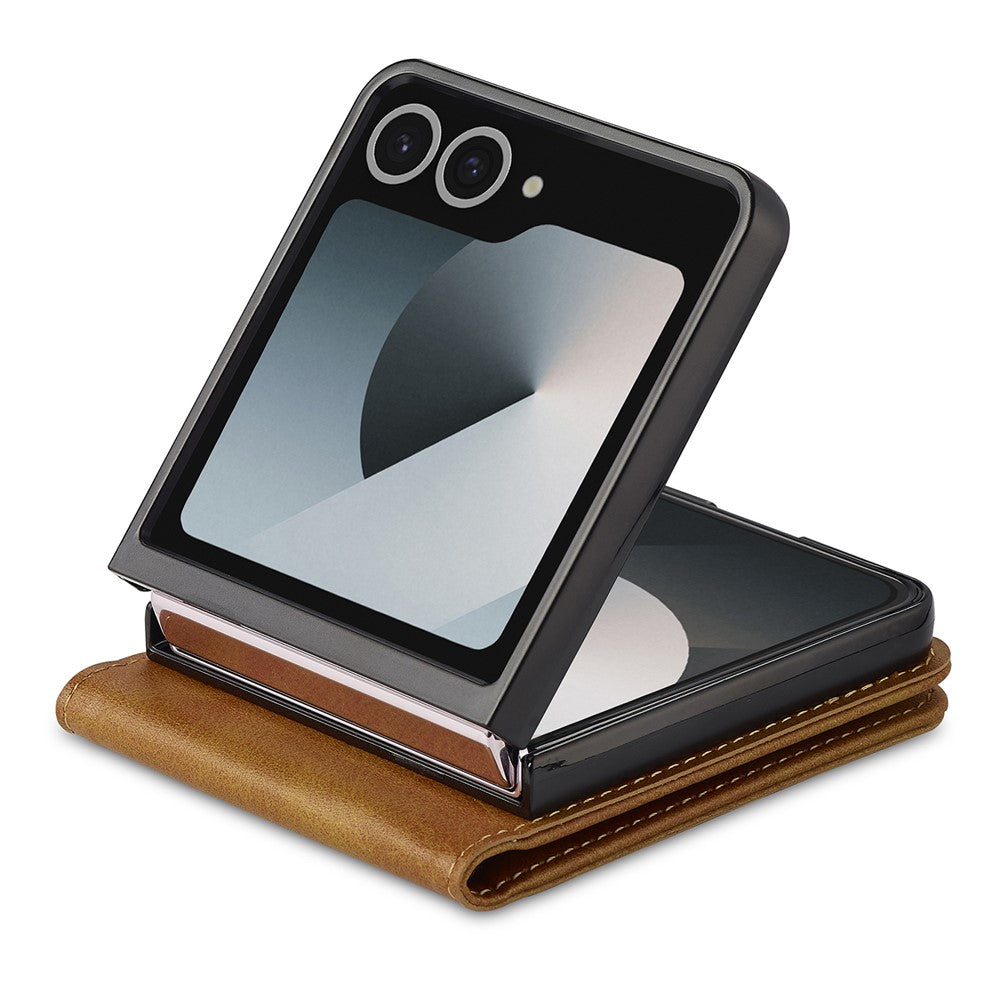 LC.IMEEKE For Samsung Galaxy Z Flip7 5G Case Card Holder Calf Texture PU Leather Folding Phone Cover - Yellow