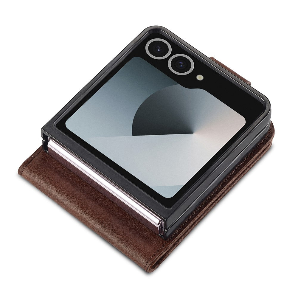 LC.IMEEKE For Samsung Galaxy Z Flip7 5G Case Card Holder Calf Texture PU Leather Folding Phone Cover - Brown