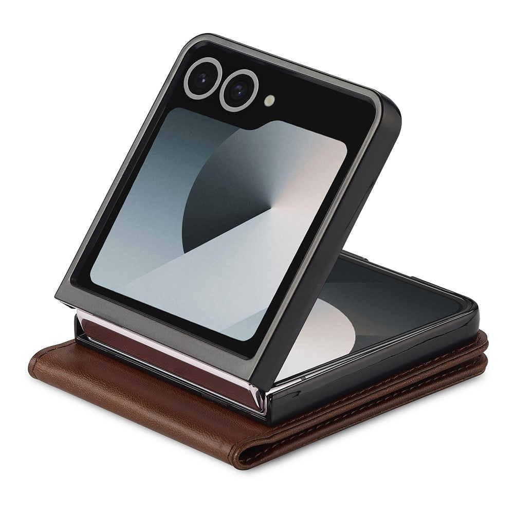 LC.IMEEKE For Samsung Galaxy Z Flip7 5G Case Card Holder Calf Texture PU Leather Folding Phone Cover - Brown