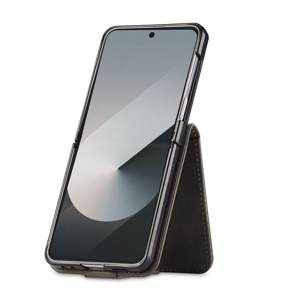 LC.IMEEKE For Samsung Galaxy Z Flip7 5G Case Card Holder Calf Texture PU Leather Folding Phone Cover - Brown