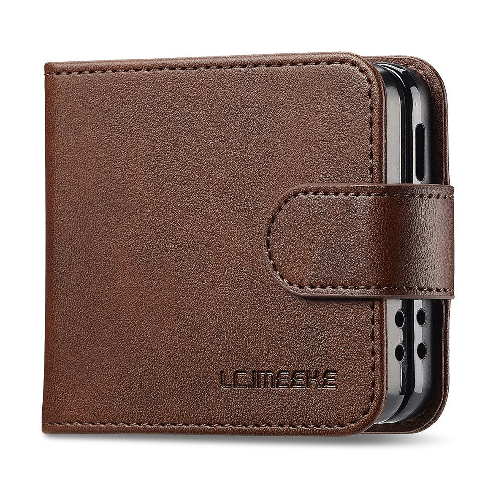 LC.IMEEKE For Samsung Galaxy Z Flip7 5G Case Card Holder Calf Texture PU Leather Folding Phone Cover - Brown