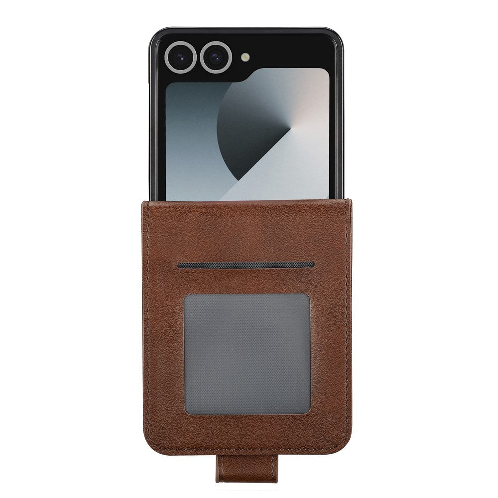 LC.IMEEKE For Samsung Galaxy Z Flip7 5G Case Card Holder Calf Texture PU Leather Folding Phone Cover - Brown