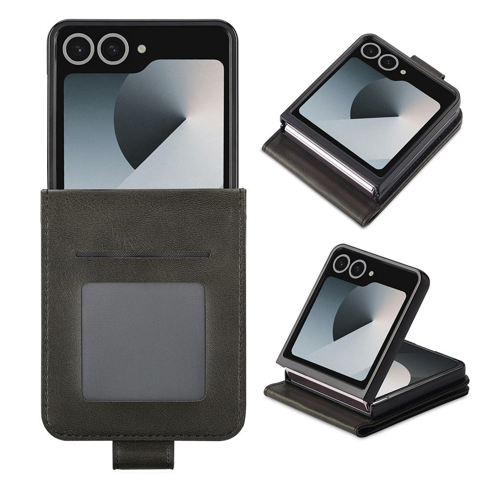 LC.IMEEKE For Samsung Galaxy Z Flip7 5G Case Card Holder Calf Texture PU Leather Folding Phone Cover - Black