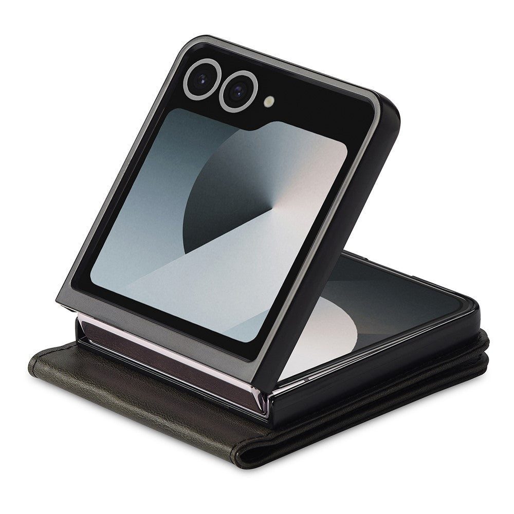 LC.IMEEKE For Samsung Galaxy Z Flip7 5G Case Card Holder Calf Texture PU Leather Folding Phone Cover - Black