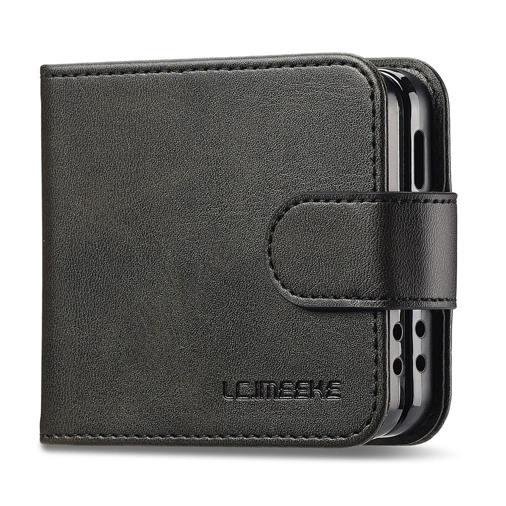 LC.IMEEKE For Samsung Galaxy Z Flip7 5G Case Card Holder Calf Texture PU Leather Folding Phone Cover - Black