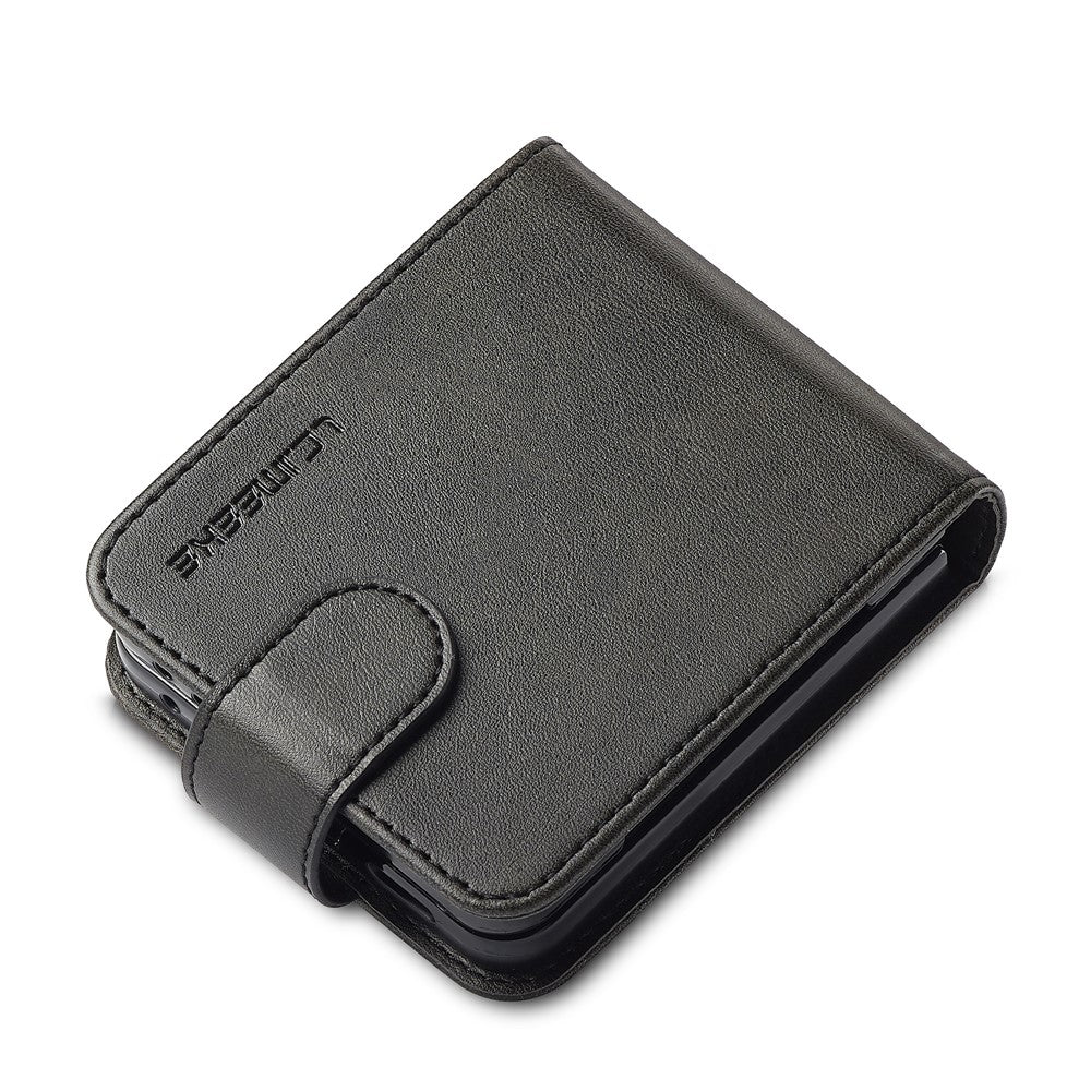 LC.IMEEKE For Samsung Galaxy Z Flip7 5G Case Card Holder Calf Texture PU Leather Folding Phone Cover - Black