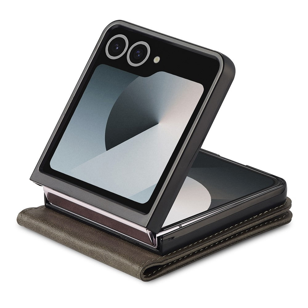 LC.IMEEKE For Samsung Galaxy Z Flip7 5G Case Card Holder Calf Texture PU Leather Folding Phone Cover - Grey