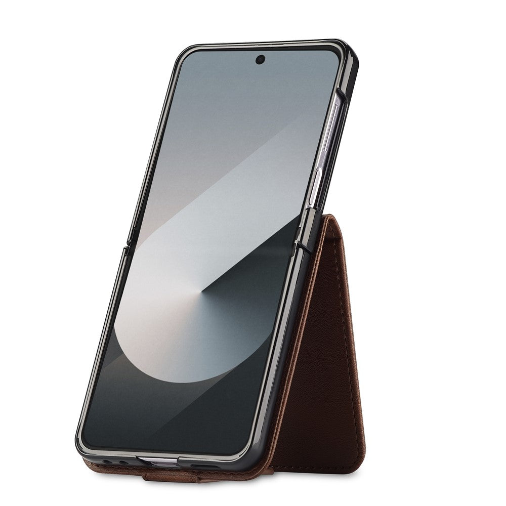 LC.IMEEKE For Samsung Galaxy Z Flip7 5G Case Card Holder Calf Texture PU Leather Folding Phone Cover - Grey