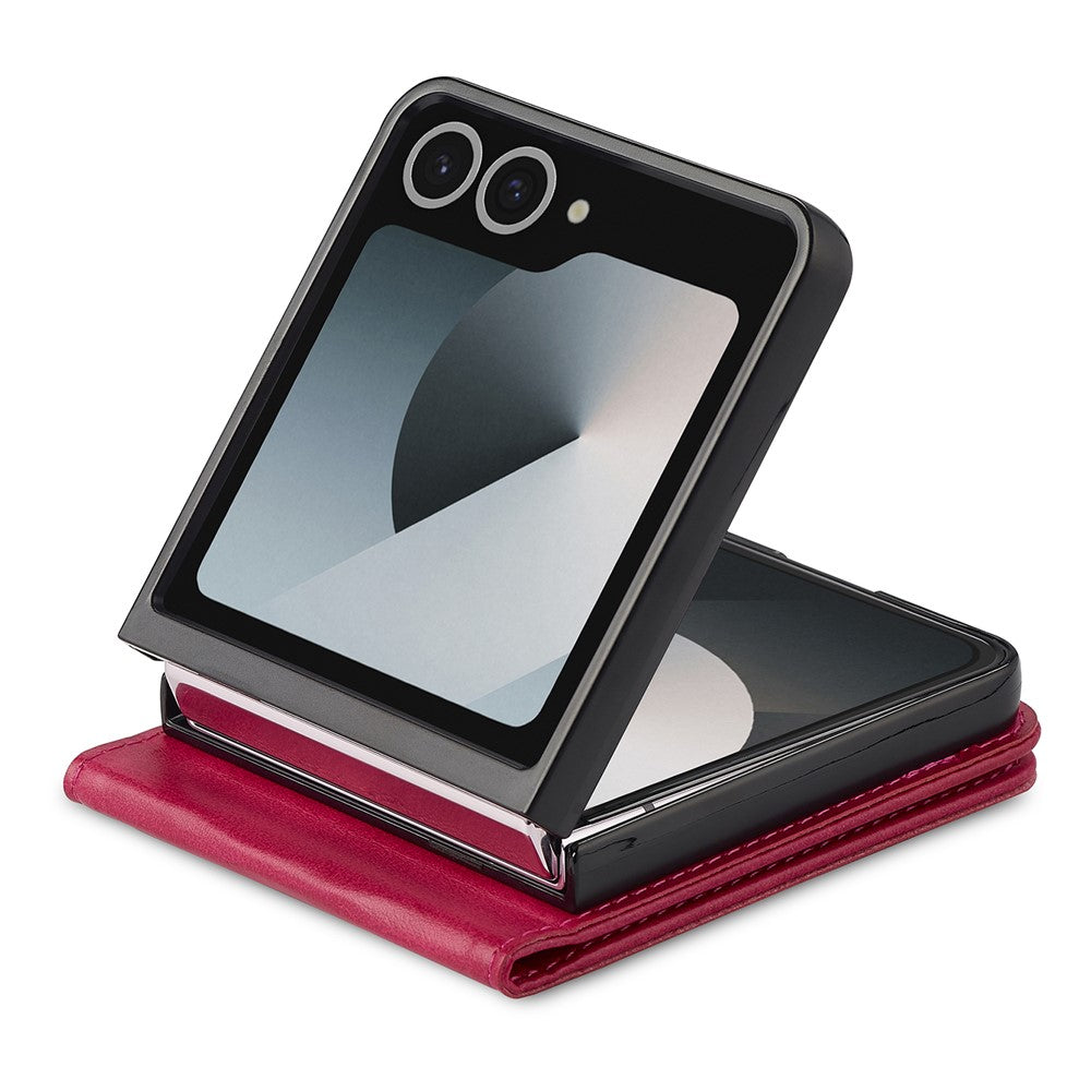 LC.IMEEKE For Samsung Galaxy Z Flip7 5G Case Card Holder Calf Texture PU Leather Folding Phone Cover - Rose