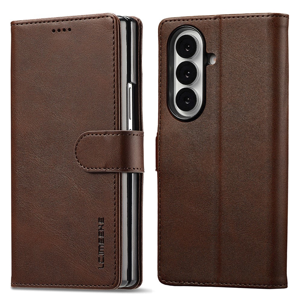 LC.IMEEKE For Samsung Galaxy Z Fold7 5G Case Calf Texture PU Leather Stand Wallet Phone Cover - Brown
