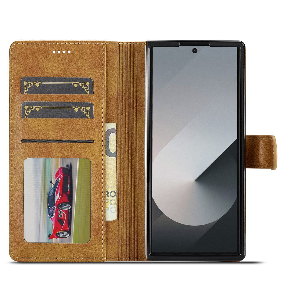 LC.IMEEKE For Samsung Galaxy Z Fold7 5G Case Calf Texture PU Leather Stand Wallet Phone Cover - Yellow