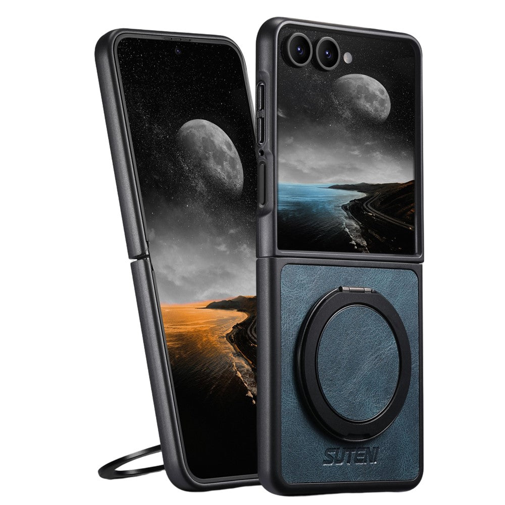 SUTENI G3 For Samsung Galaxy Z Flip7 5G Case Compatible with MagSafe Waxy Texture Rotating Kickstand Leather Phone Back Cover - Blue