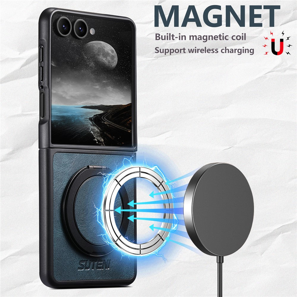SUTENI G3 For Samsung Galaxy Z Flip7 5G Case Compatible with MagSafe Waxy Texture Rotating Kickstand Leather Phone Back Cover - Blue