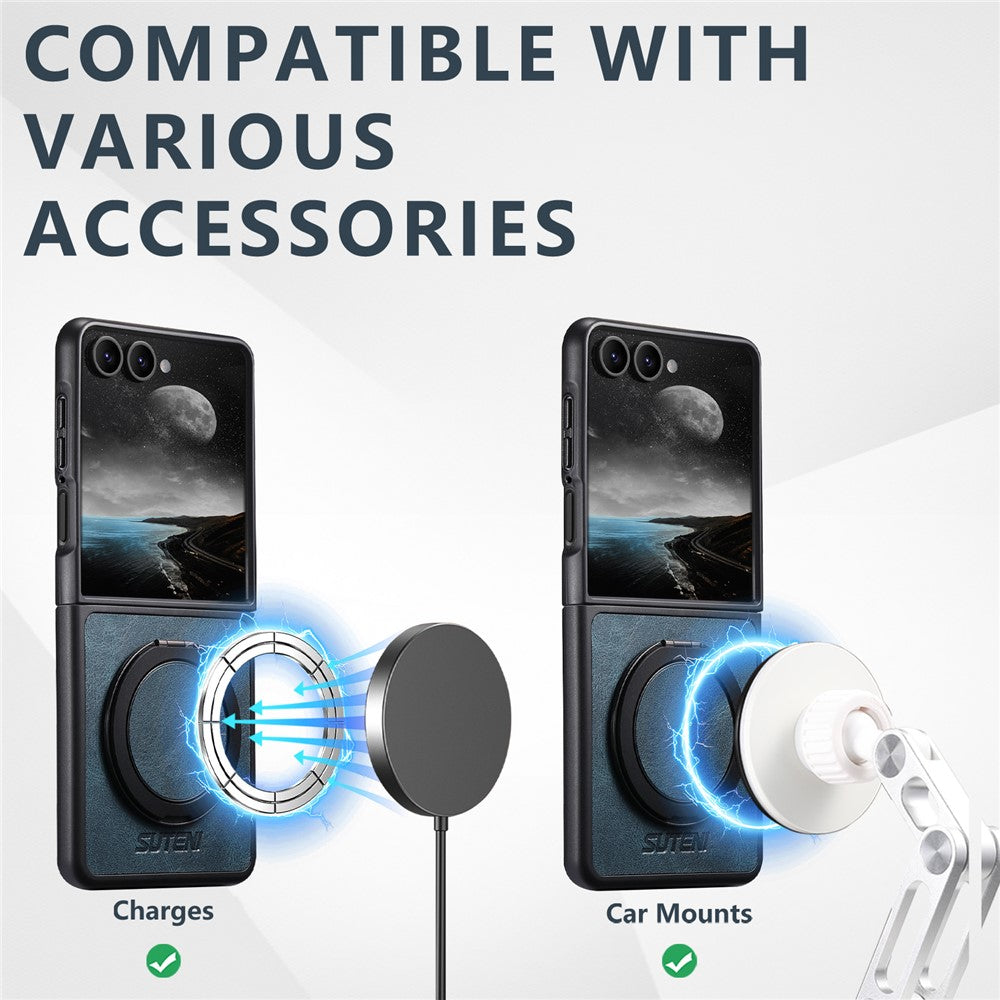 SUTENI G3 For Samsung Galaxy Z Flip7 5G Case Compatible with MagSafe Waxy Texture Rotating Kickstand Leather Phone Back Cover - Blue