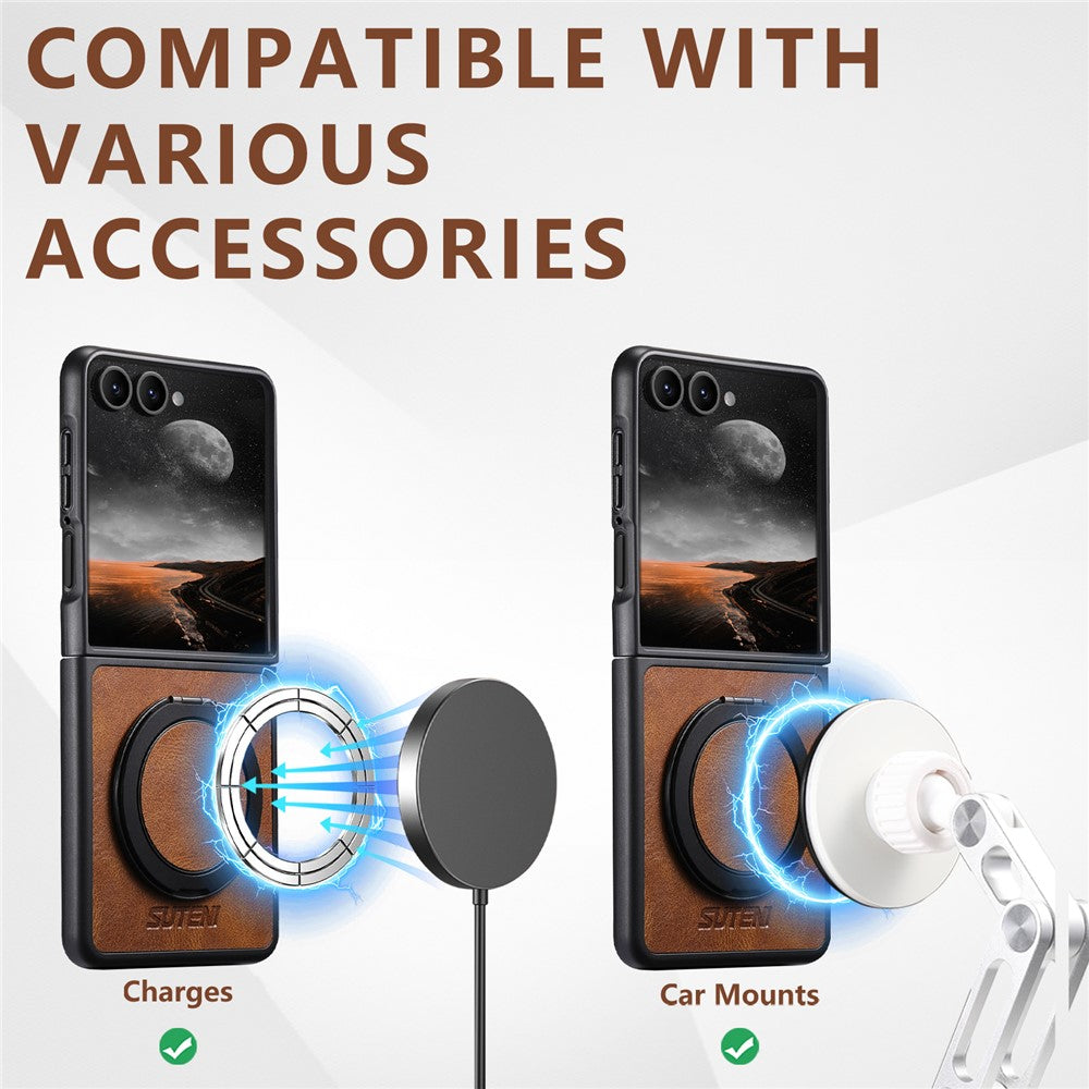 SUTENI G3 For Samsung Galaxy Z Flip7 5G Case Compatible with MagSafe Waxy Texture Rotating Kickstand Leather Phone Back Cover - Brown