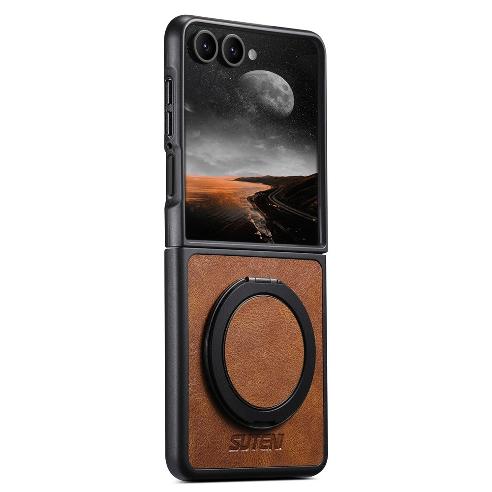 SUTENI G3 For Samsung Galaxy Z Flip7 5G Case Compatible with MagSafe Waxy Texture Rotating Kickstand Leather Phone Back Cover - Brown
