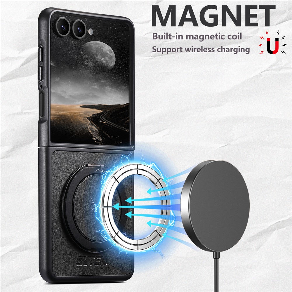 SUTENI G3 For Samsung Galaxy Z Flip7 5G Case Compatible with MagSafe Waxy Texture Rotating Kickstand Leather Phone Back Cover - Black