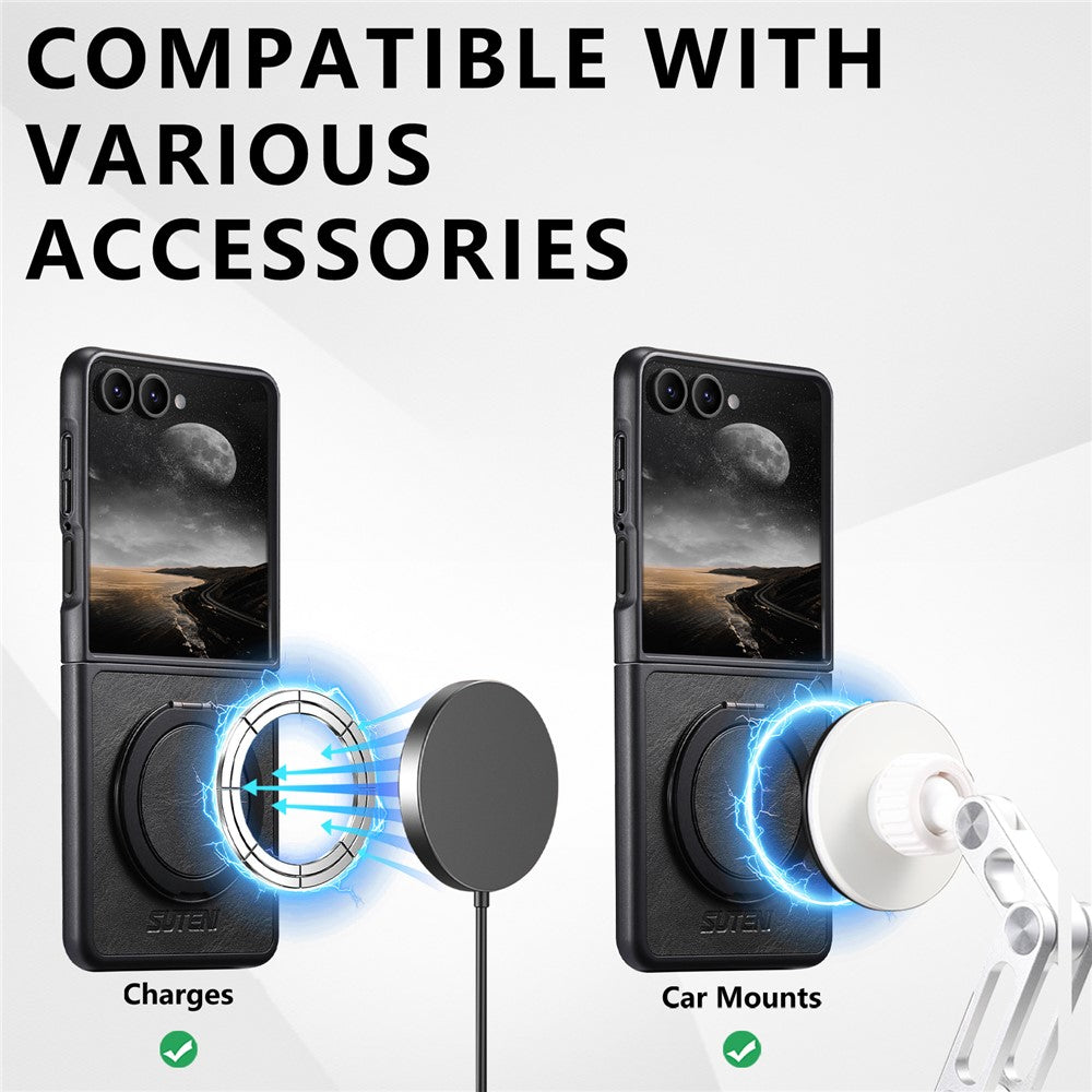 SUTENI G3 For Samsung Galaxy Z Flip7 5G Case Compatible with MagSafe Waxy Texture Rotating Kickstand Leather Phone Back Cover - Black