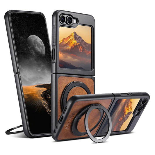 SUTENI G3 For Samsung Galaxy Z Flip7 FE 5G / Z Flip6 5G Case Compatible with MagSafe Waxy Texture Rotating Kickstand Leather Phone Back Cover - Brown