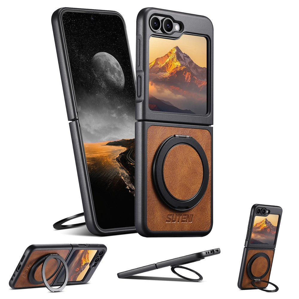 SUTENI G3 For Samsung Galaxy Z Flip7 FE 5G / Z Flip6 5G Case Compatible with MagSafe Waxy Texture Rotating Kickstand Leather Phone Back Cover - Brown