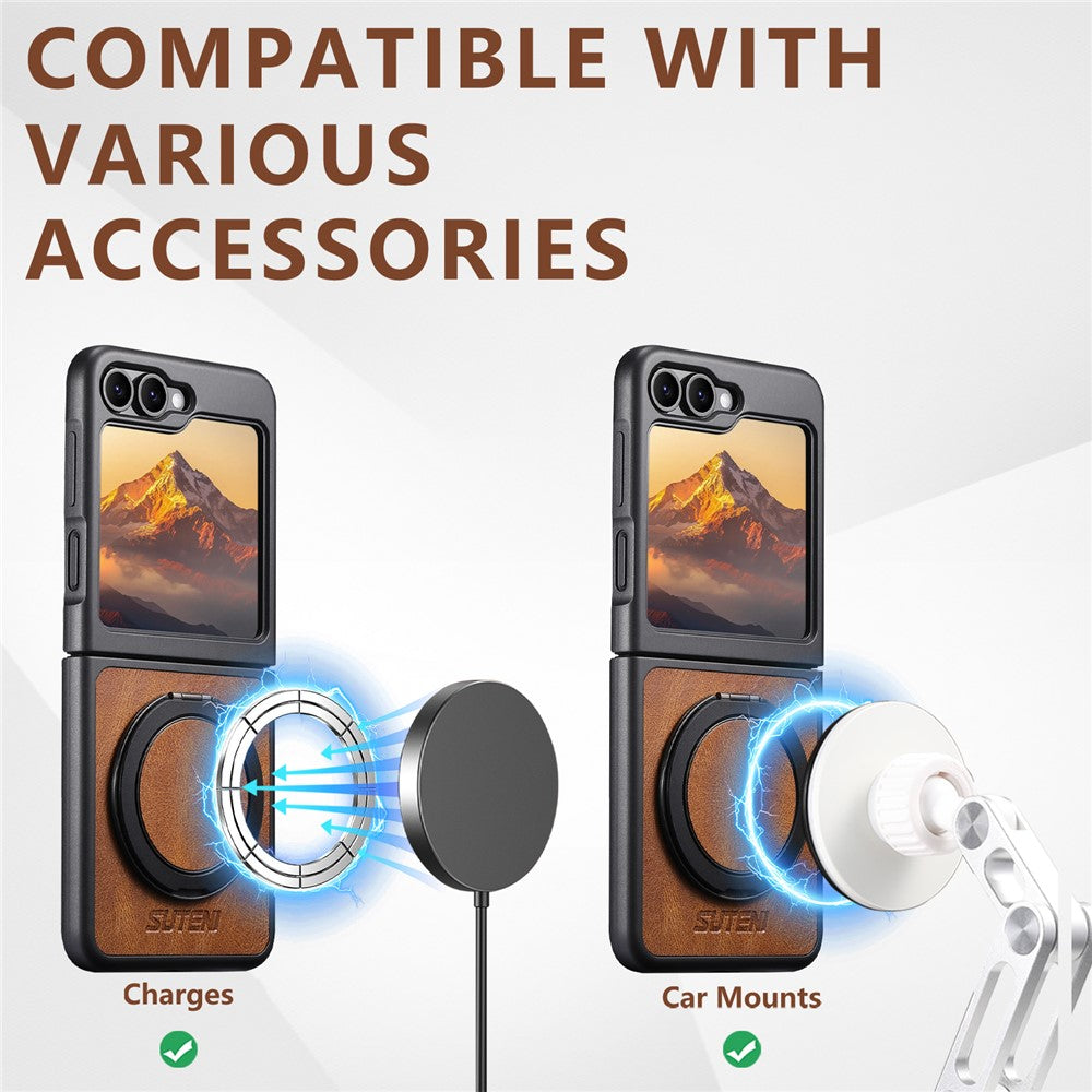 SUTENI G3 For Samsung Galaxy Z Flip7 FE 5G / Z Flip6 5G Case Compatible with MagSafe Waxy Texture Rotating Kickstand Leather Phone Back Cover - Brown