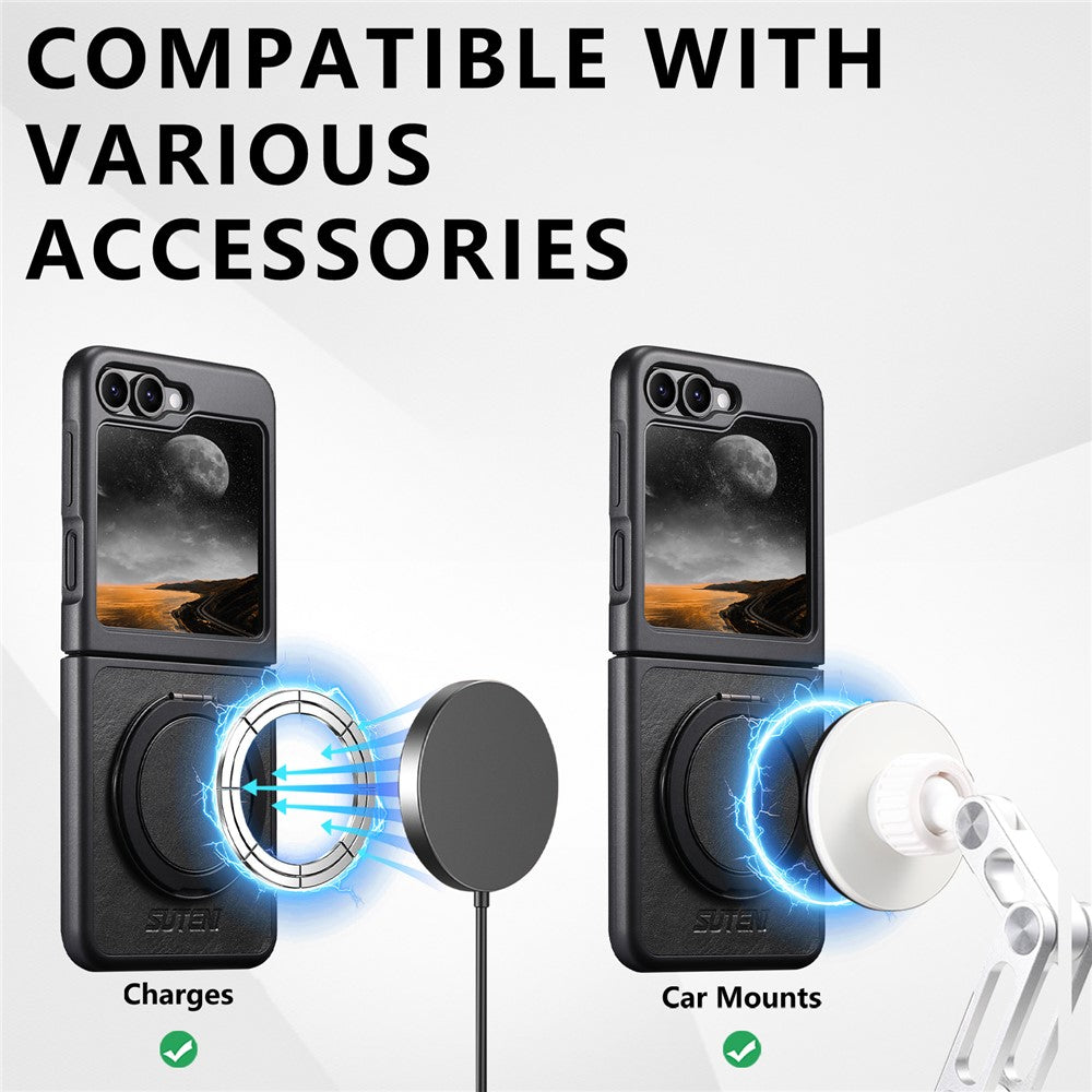 SUTENI G3 For Samsung Galaxy Z Flip7 FE 5G / Z Flip6 5G Case Compatible with MagSafe Waxy Texture Rotating Kickstand Leather Phone Back Cover - Black