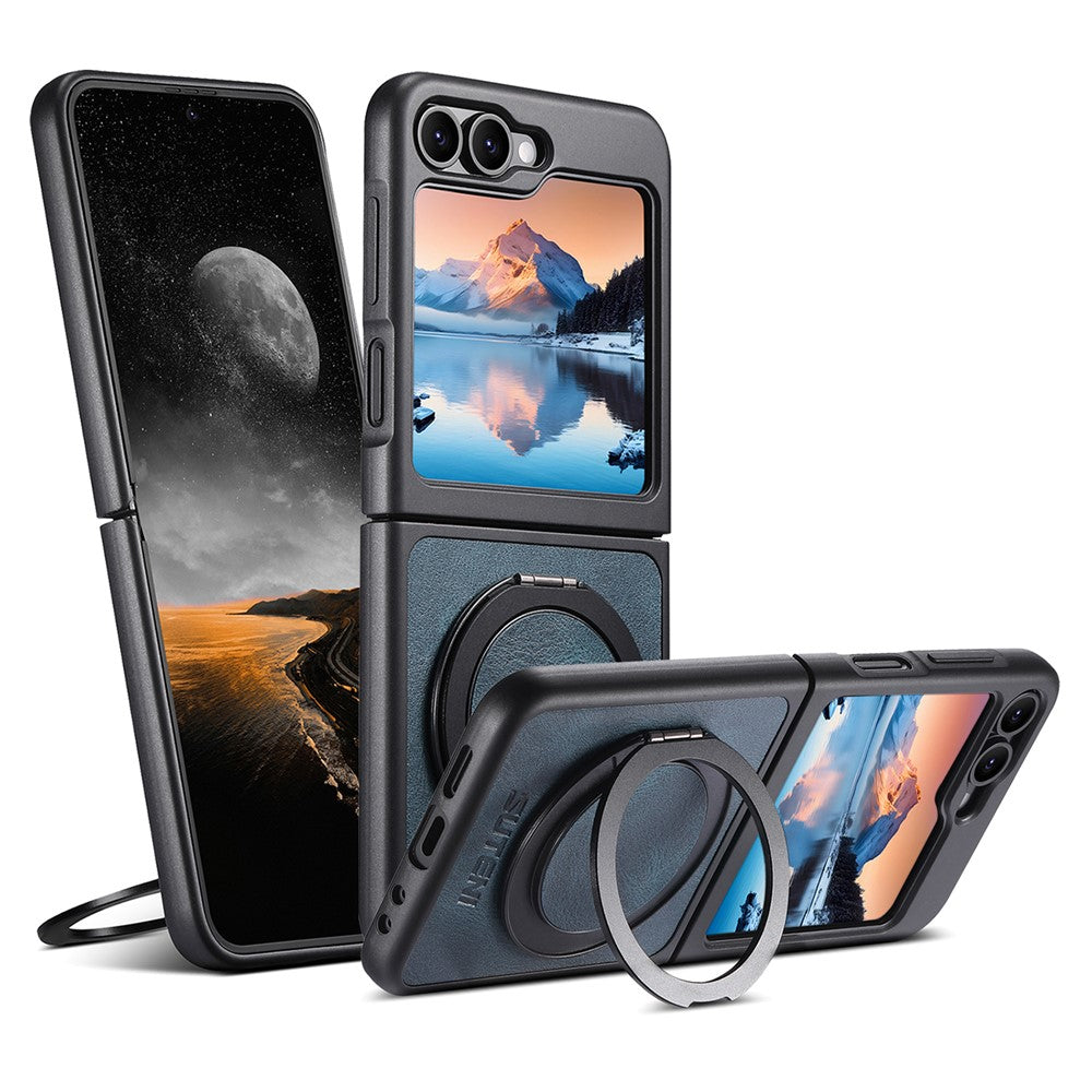 SUTENI G3 For Samsung Galaxy Z Flip7 FE 5G / Z Flip6 5G Case Compatible with MagSafe Waxy Texture Rotating Kickstand Leather Phone Back Cover - Blue
