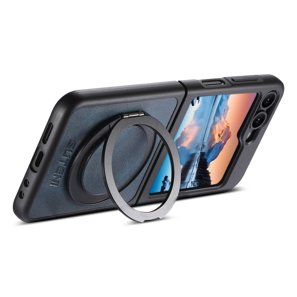 SUTENI G3 For Samsung Galaxy Z Flip7 FE 5G / Z Flip6 5G Case Compatible with MagSafe Waxy Texture Rotating Kickstand Leather Phone Back Cover - Blue