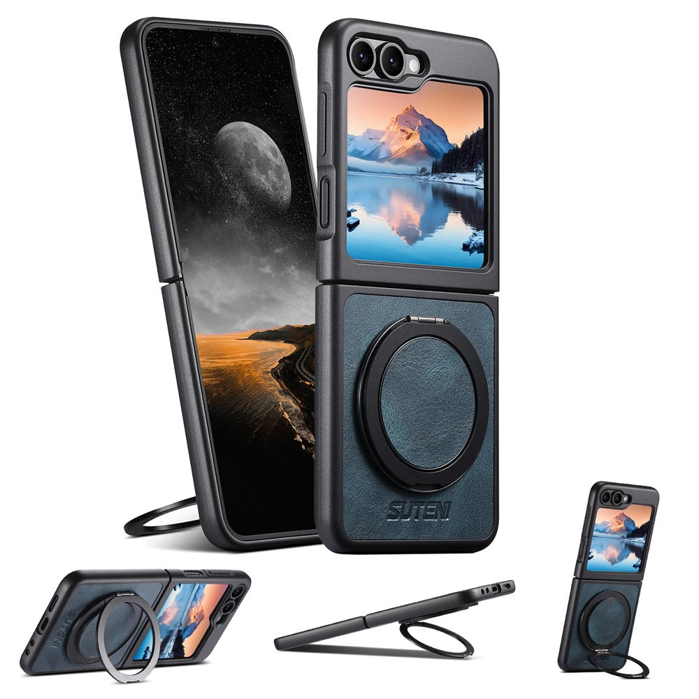 SUTENI G3 For Samsung Galaxy Z Flip7 FE 5G / Z Flip6 5G Case Compatible with MagSafe Waxy Texture Rotating Kickstand Leather Phone Back Cover - Blue