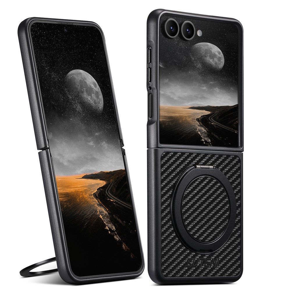 SUTENI G3 For Samsung Galaxy Z Flip7 5G Magnetic Case Rotating Kickstand Carbon Fiber Texture Leather Phone Back Cover