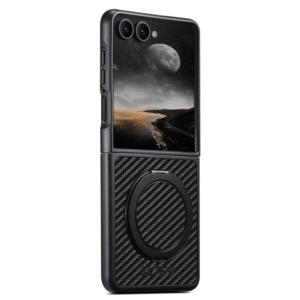 SUTENI G3 For Samsung Galaxy Z Flip7 5G Magnetic Case Rotating Kickstand Carbon Fiber Texture Leather Phone Back Cover