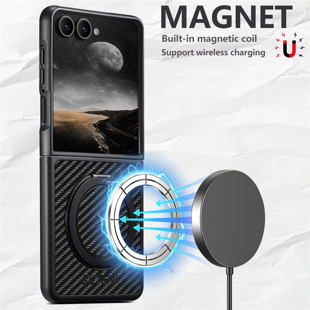 SUTENI G3 For Samsung Galaxy Z Flip7 5G Magnetic Case Rotating Kickstand Carbon Fiber Texture Leather Phone Back Cover
