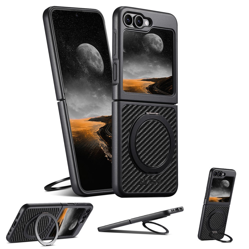 SUTENI G3 For Samsung Galaxy Z Flip7 FE 5G / Z Flip6 5G Magnetic Case Rotating Kickstand Carbon Fiber Texture Leather Phone Back Cover