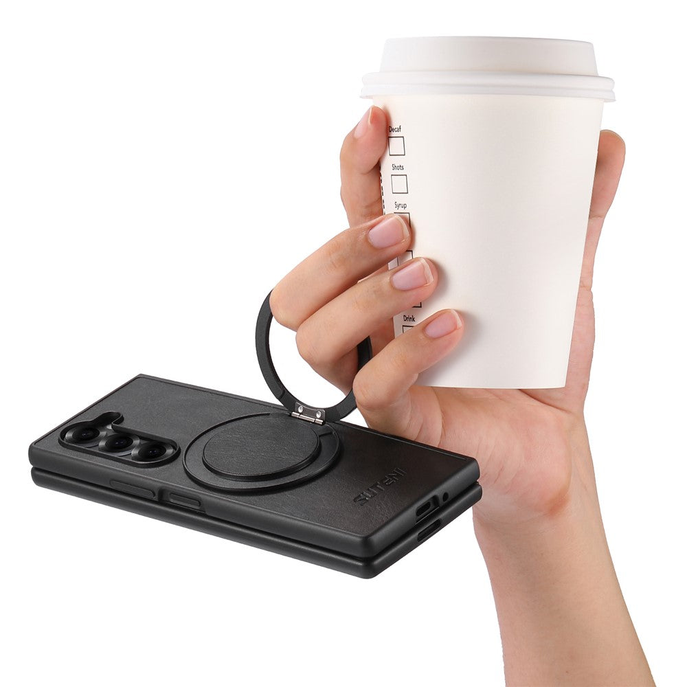 SUTENI G3 For Samsung Galaxy Z Fold7 5G Case Compatible with MagSafe Waxy Texture Rotating Kickstand Leather Phone Back Cover - Black