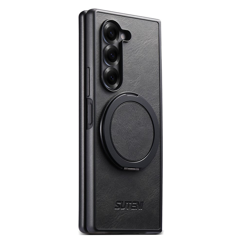 SUTENI G3 For Samsung Galaxy Z Fold7 5G Case Compatible with MagSafe Waxy Texture Rotating Kickstand Leather Phone Back Cover - Black