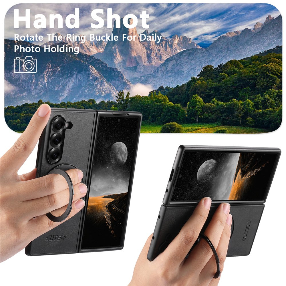 SUTENI G3 For Samsung Galaxy Z Fold7 5G Case Compatible with MagSafe Waxy Texture Rotating Kickstand Leather Phone Back Cover - Black