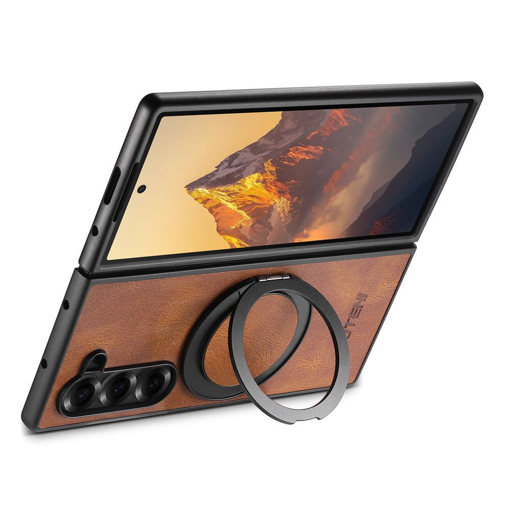 SUTENI G3 For Samsung Galaxy Z Fold7 5G Case Compatible with MagSafe Waxy Texture Rotating Kickstand Leather Phone Back Cover - Brown