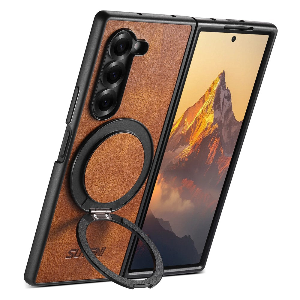 SUTENI G3 For Samsung Galaxy Z Fold7 5G Case Compatible with MagSafe Waxy Texture Rotating Kickstand Leather Phone Back Cover - Brown