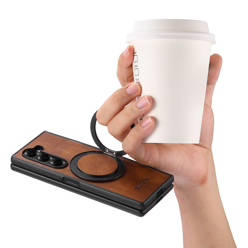 SUTENI G3 For Samsung Galaxy Z Fold7 5G Case Compatible with MagSafe Waxy Texture Rotating Kickstand Leather Phone Back Cover - Brown