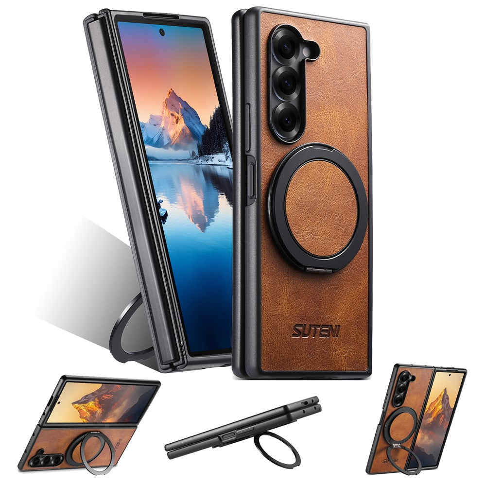 SUTENI G3 For Samsung Galaxy Z Fold7 5G Case Compatible with MagSafe Waxy Texture Rotating Kickstand Leather Phone Back Cover - Brown