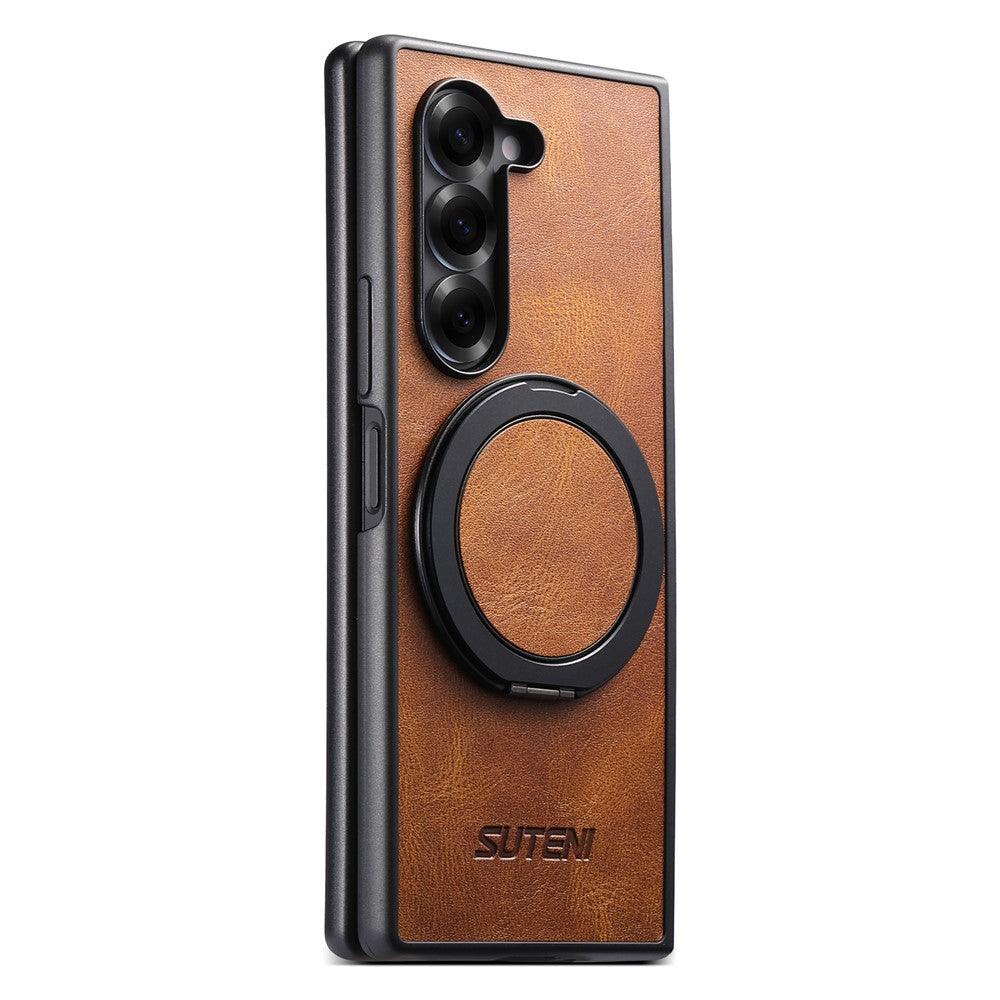 SUTENI G3 For Samsung Galaxy Z Fold7 5G Case Compatible with MagSafe Waxy Texture Rotating Kickstand Leather Phone Back Cover - Brown