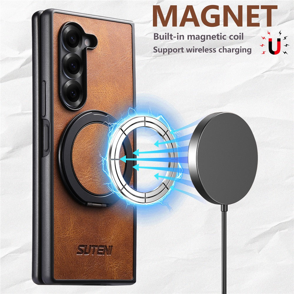 SUTENI G3 For Samsung Galaxy Z Fold7 5G Case Compatible with MagSafe Waxy Texture Rotating Kickstand Leather Phone Back Cover - Brown