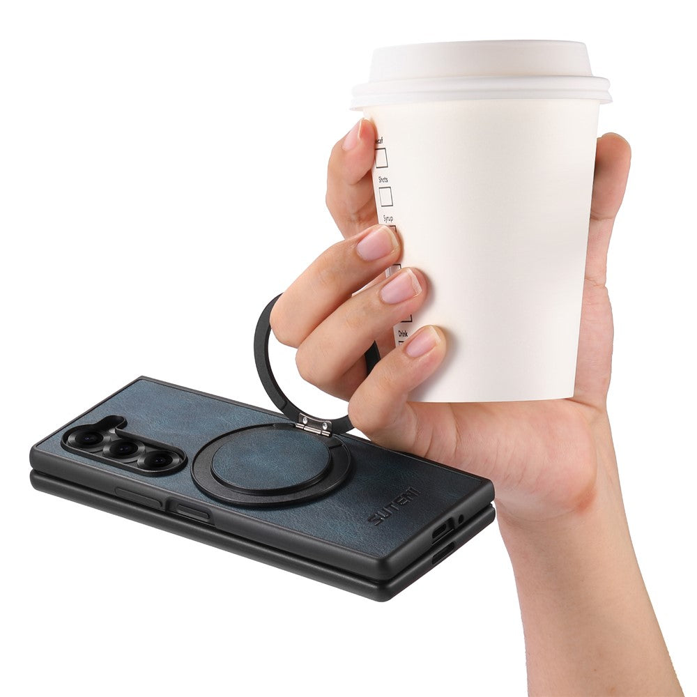 SUTENI G3 For Samsung Galaxy Z Fold7 5G Case Compatible with MagSafe Waxy Texture Rotating Kickstand Leather Phone Back Cover - Blue